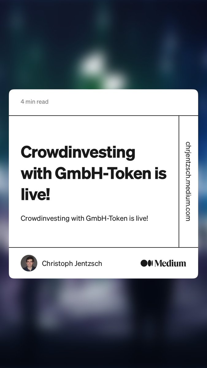 “Crowdinvesting with GmbH-Token is live!” ⁦@tokenizeitHQ⁩ allows for „ICOs“ of German GmbHs (Ltds). If you are a startup from Germany aiming to open your cap table to a broader stakeholder base, use Tokenize.it.

medium.com/corpus-venture…