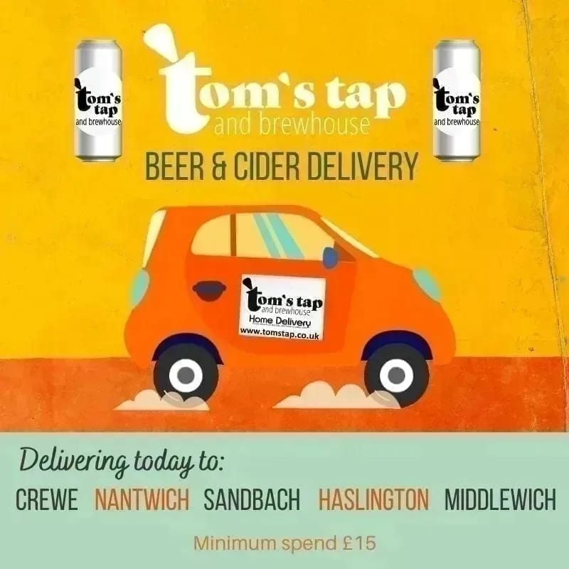 We are doing HOME DELIVERY today, to #Crewe, #Nantwich, #Sandbach, #Haslington and #Middlewich (cut off for orders is 2pm, minimum spend £15 for free delivery)....

To order visit our online shop
tomstap.co.uk/shop

or email tomstapandbrew@gmail.com
