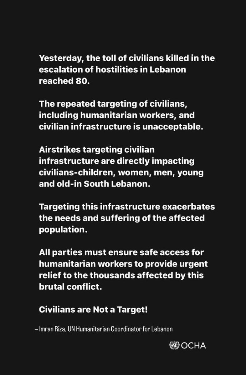 The repeated targeting of civilians in South Lebanon, including humanitarian workers, and civilian infrastructure is unacceptable. Civilians are #NotATarget.