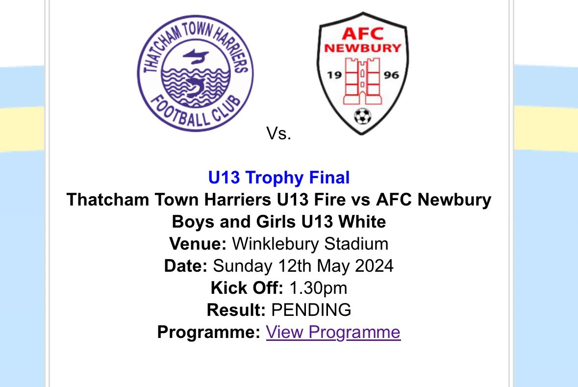 Our U13's visit the Winklebury Football Complex for their Trophy Final tomorrow! ⚽️

Any and all support from our Harriers family &amp; friends will be greatly appreciated 💙

We wish <a href="/studavis84/">Stu Davis</a> &amp; his U13 team all the very best - and hope everyone enjoys the occasion!! 👏