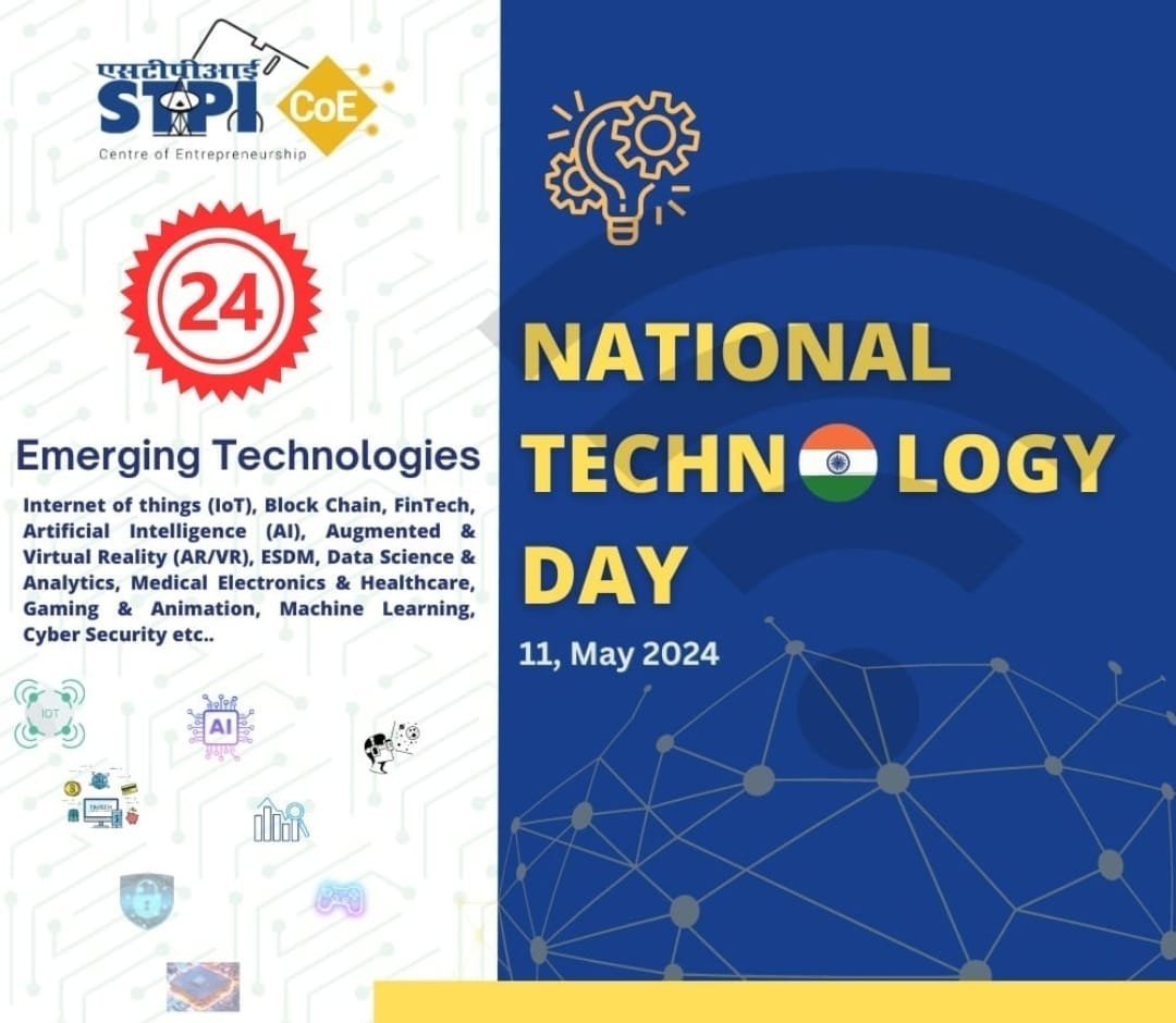 'Happy National Technology Day'! 🎉 Let's commemorate the inventive drive fueling our nation's advancement. With #STPICoEs across India nurturing entrepreneurship in various tech fields, STPI leads the charge towards a promising technological horizon! #NationalTechnologyDay