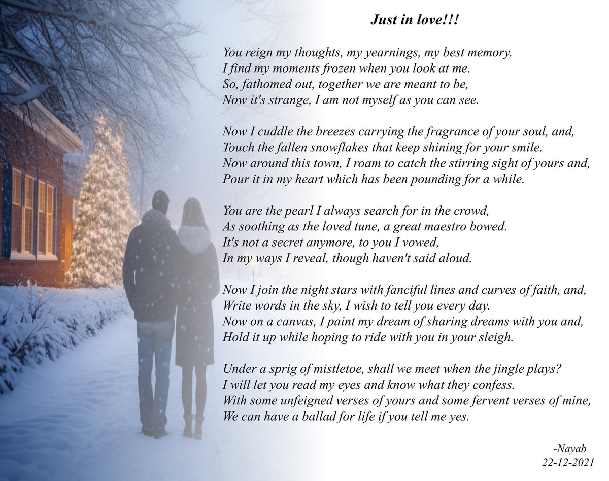 'Just in love!!!'
22nd of Dec, 2021.

The picture used for illustration has been AI generated.

#Poem #Poetry #poems
#WritingCommunity #writerslift #Writer #writing #writerscommunity #WritingCommmunity #writerslife #writersoftwitter #WritingLife