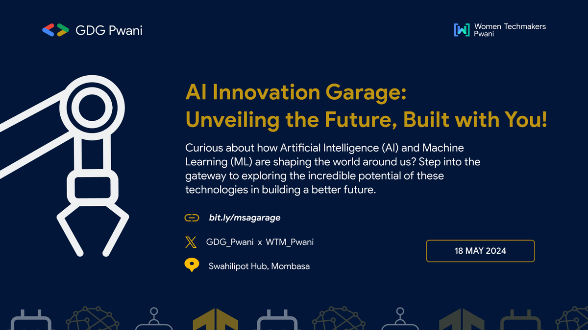 Mombasa are you Ready! The AI Innovation Garage will be in town on May 18th @swahilipothub! Don't miss out on this epic showcase of AI wonders! Remember this is an RSVP only event! Use the link below to Book your spot! See you there!