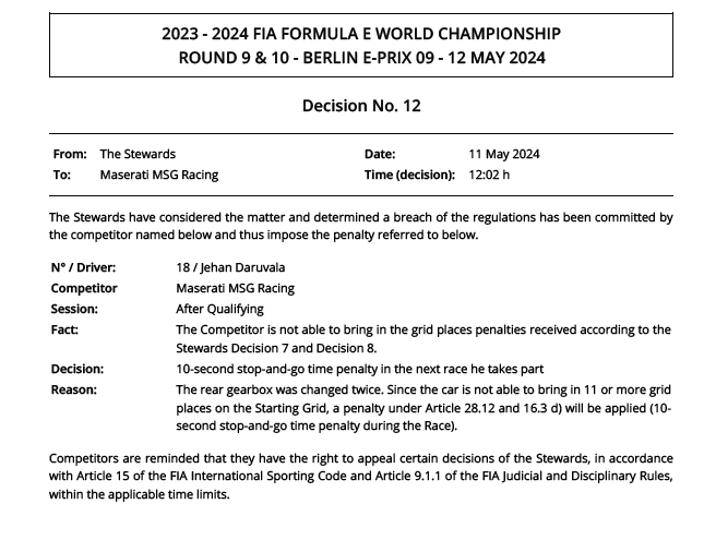 Punido com 40 posições no grid de largada em duas punições diferentes de 20, as duas por trocar a caixa de câmbio, Jehan Daruvala vai largar em último e ainda precisa pagar um stop-and-go de 10s no eP de Berlim. #FormulaEnoGP #FEnoGP #ABBFormulaE #BerlinEPrix