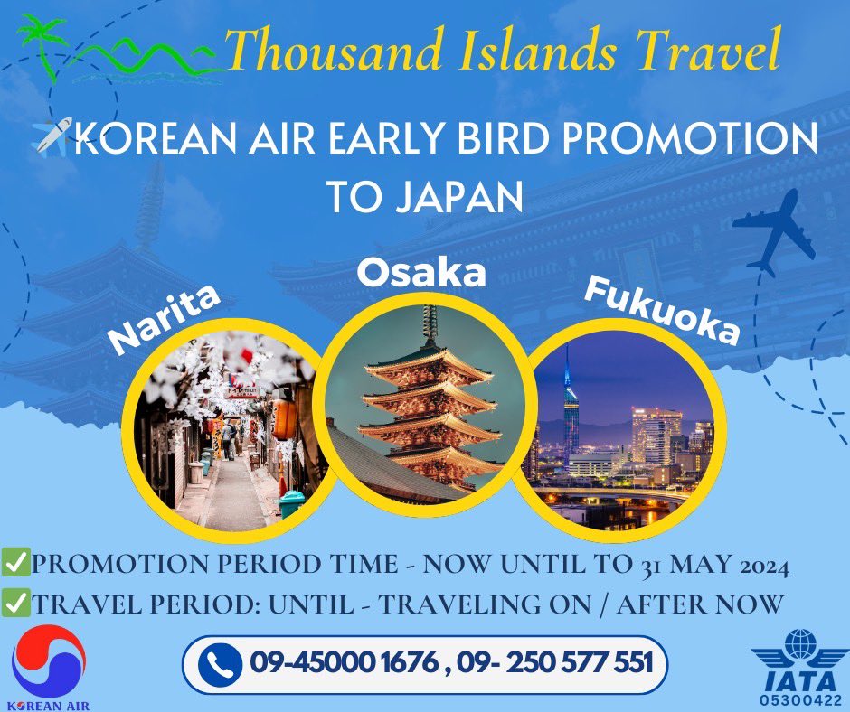 Thousand Islands Travel (@thousand_travel) on Twitter photo âď¸đ°đˇKorean Air Early Bird Promotion to Japan
âď¸,Korean Airline áá˛áˇáĄáá° ááťáááşááźááşáááŻáˇ áá˝áŹá¸áááŻááşááĄáąáŹááş
âď¸Korean Airline
â
Yangon - Narita (One way)-$596++
â
Yangon - Narita - Yangon (Round Trip)-$907++
â
Yangon - Osaka (One way)-$596++
Please contact- 09-250577551-552
09-450001676 âď¸đ°đˇKorean Air Early Bird Promotion to Japan
âď¸,Korean Airline áá˛áˇáĄáá° ááťáááşááźááşáááŻáˇ áá˝áŹá¸áááŻááşááĄáąáŹááş
âď¸Korean Airline
â
Yangon - Narita (One way)-$596++
â
Yangon - Narita - Yangon (Round Trip)-$907++
â
Yangon - Osaka (One way)-$596++
Please contact- 09-250577551-552
09-450001676