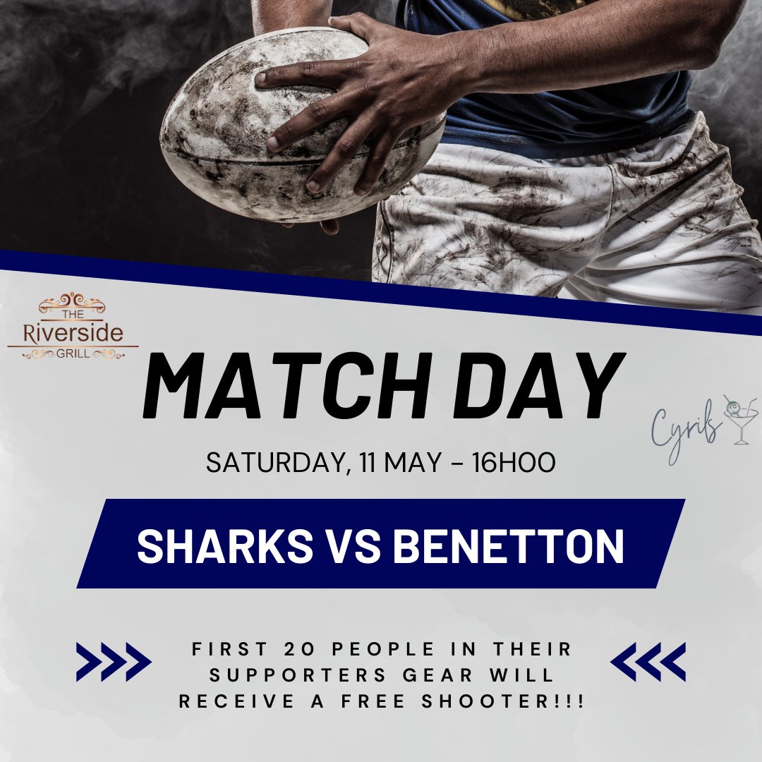 NO PLANS??? Join us today as the Sharks take on Benetton at 16h00pm! Live screening! Yummy food available and the first 20 people in their supporters will gear will receive a free shooter!!! whatsapp 063 593 2337 for any bookings or enquiries. Good luck Sharks!!! #riversidegrill