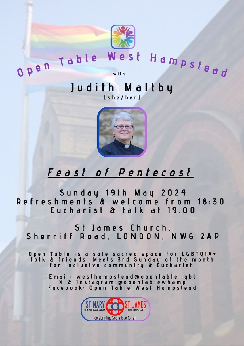 Really looking forward to hosting my @churchofengland @synod colleague Judith Maltby @opentablewhamp @opentablelgbt @parishnw6 next week as we celebrate the Feast of Pentecost. All our very much welcome!! Sunday May 19th 1830 for 1900 start St James' Church @SherriffCentre…