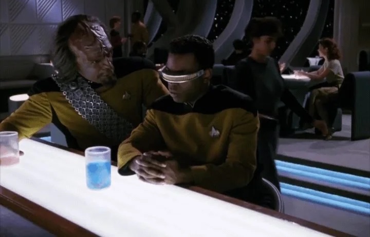 If Star Trek TNG was made by today's showrunners:

Geordi: I'm black

Worf: I'm black too

Geordi: I'm black and blind making me more of a minority than you

Worf: I'm black and an alien which could be interpreted as an allegory for race, sexuality and/or gender identity