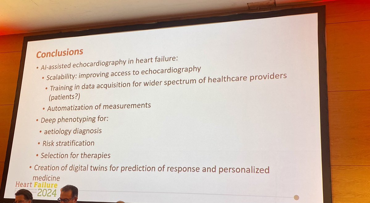 #HeartFailure2024 inspiring talk on #AI, #echofirst, #HF by @VDelgadoGarcia. #AI for diagnosis, deep phenotypic, selection of treatments . Future is here @ShelleyZieroth @JJheart_doc @Sarah_Moharem @alessia_gimelli @mmamas1973