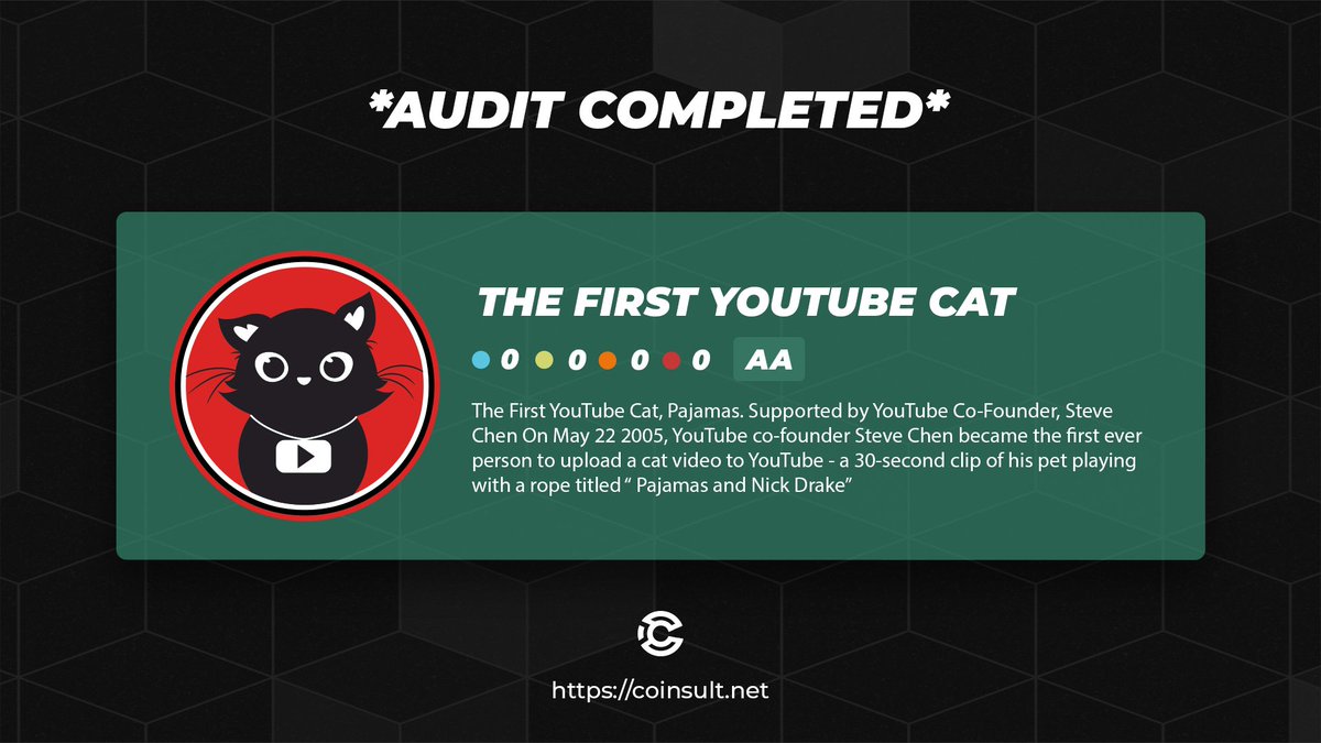 CoinsultAudits's tweet photo. 🔒 SAFU AUDIT COMPLETED FOR THE FIRST YOUTUBE CAT

🎁 GIVEAWAY: $20 (48 hours)

1⃣ Follow @theyoutubecat & @CoinsultAudits
2⃣ Like + RT this tweet
3⃣ Place a comment 💬

Go check out the full project page of The First Youtube Cat 👇
https://t.co/M5OXYgN0BZ

#giveaway #audit #smartcontract #cryptogiveaway #crypto