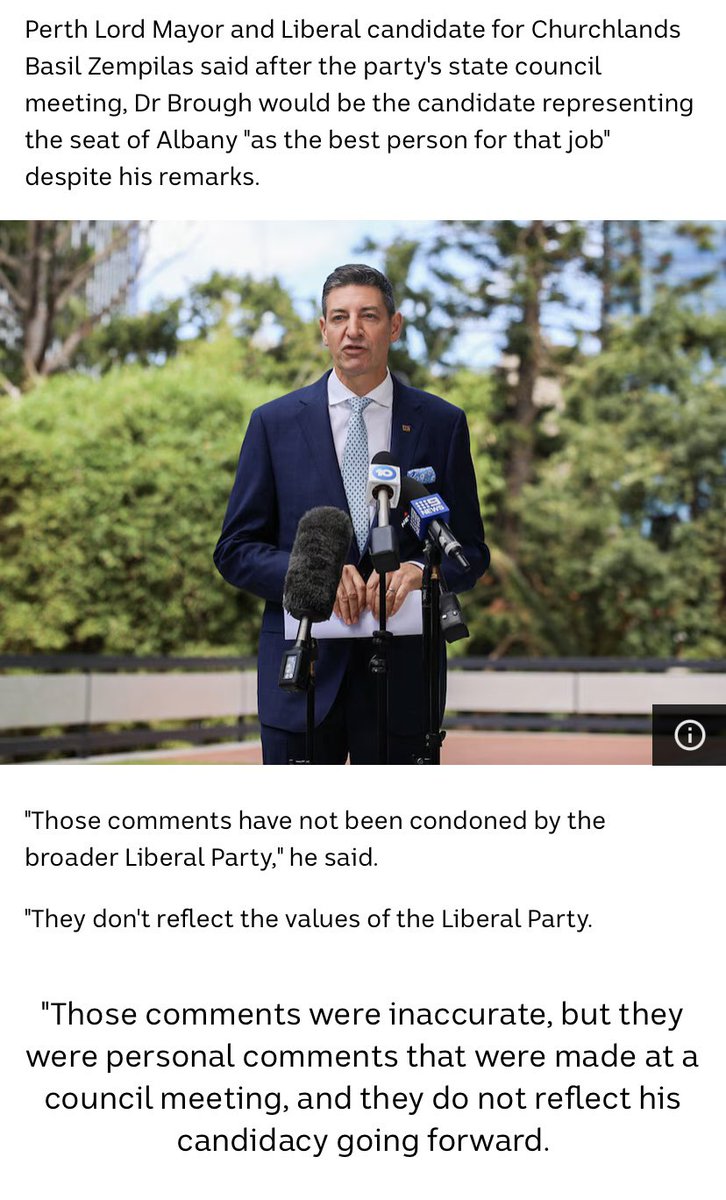 LyndaFrench19's tweet photo. #WALibs #wapol #Albany
WA Liberal party approves Dr #ThomasBrough, candidate who linked #LGBTQIA+ community with paedophiles THEN #BasilZempilas attempts to excuse it and sweep it under the mat.
He wouldn’t do that if it was a Labor MP or candidate
https://t.co/wjt33YCSDw https://t.co/zEbBvY96H6