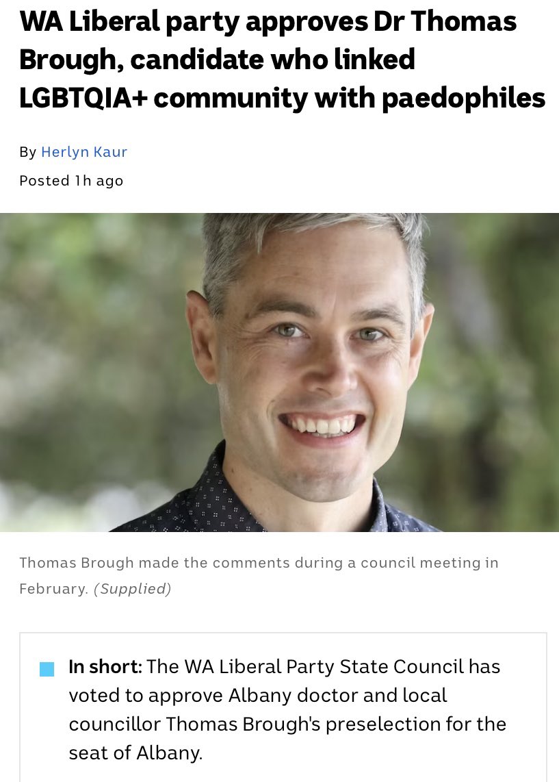 LyndaFrench19's tweet photo. #WALibs #wapol #Albany
WA Liberal party approves Dr #ThomasBrough, candidate who linked #LGBTQIA+ community with paedophiles THEN #BasilZempilas attempts to excuse it and sweep it under the mat.
He wouldn’t do that if it was a Labor MP or candidate
https://t.co/wjt33YCSDw https://t.co/zEbBvY96H6