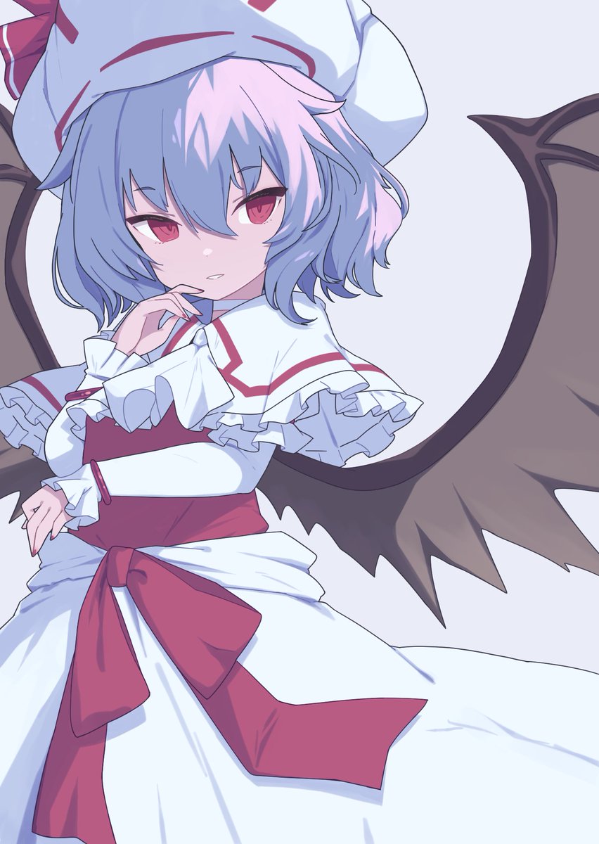 remilia scarlet 1girl solo looking at viewer short hair simple background long sleeves red eyes  illustration images