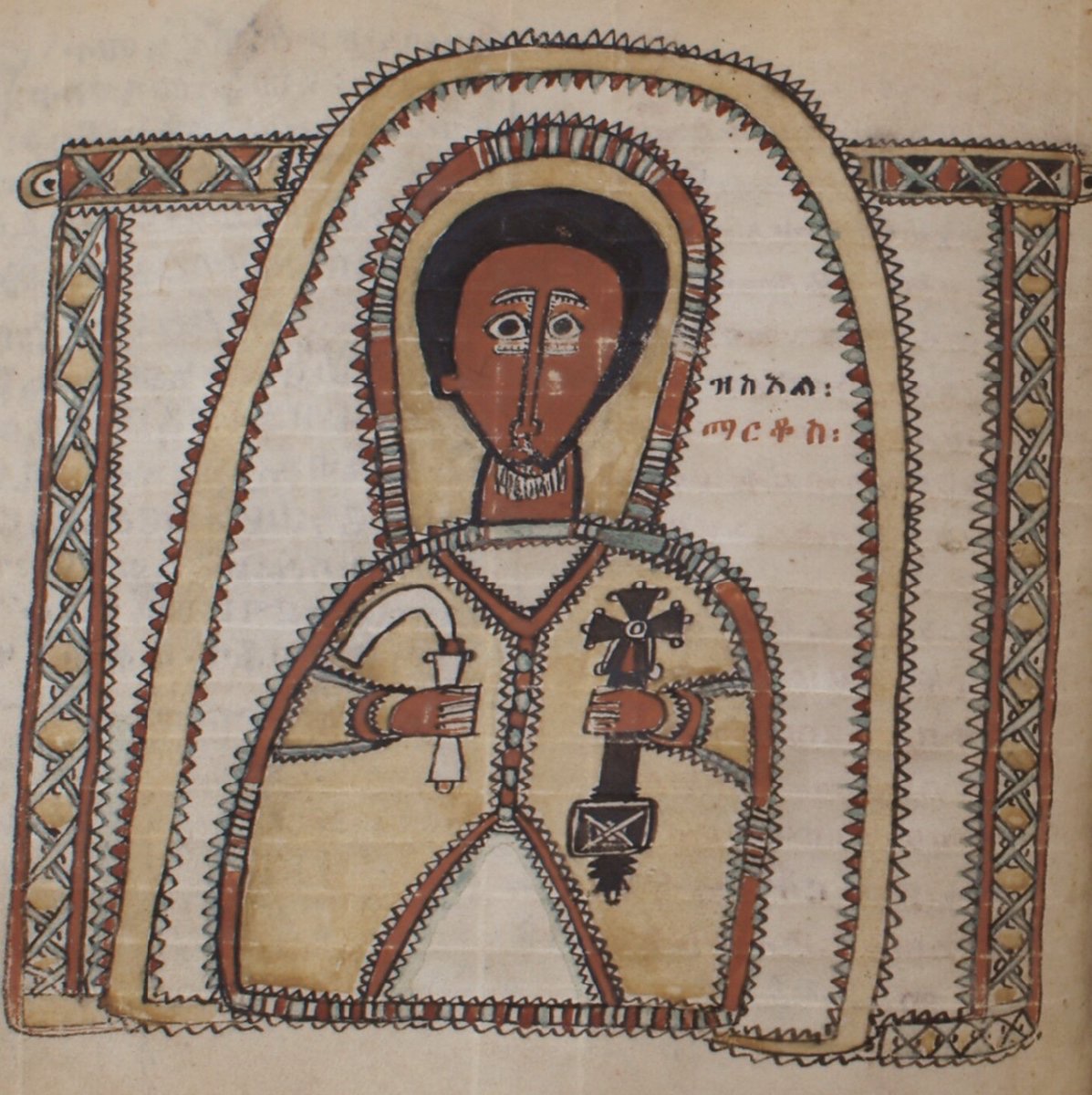 St Mark the Evangelist holding a fly-whisk and a cross Ethiopia, 17th c. (?) #StMark #mark #evangelist #cross #africanart