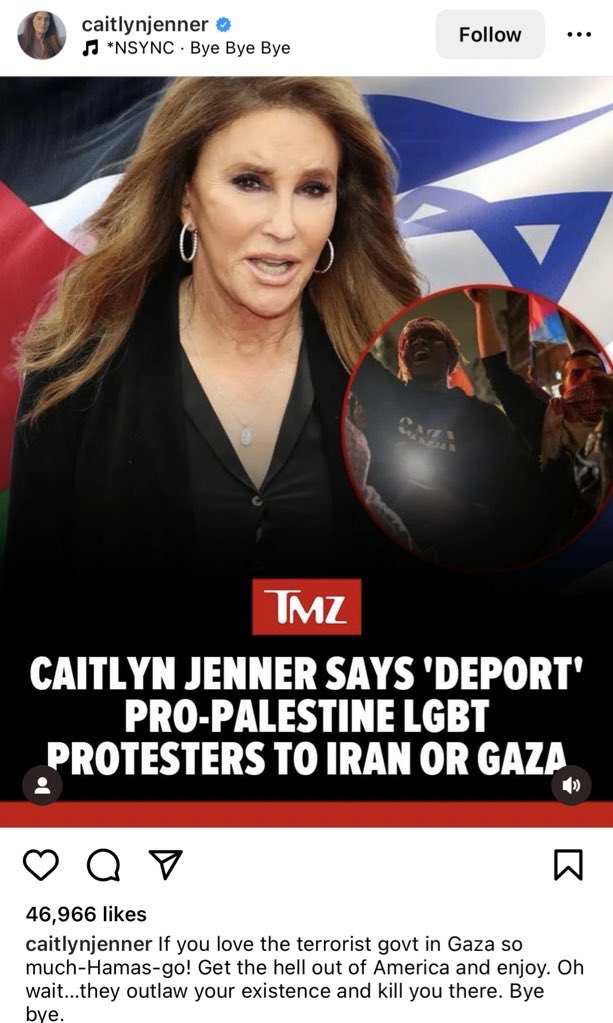 Look at this Anti-American cnt. Just because you are in the LGBT group it doesn’t mean you can’t fight for humanity. I think @Caitlyn_Jenner needs to F*CK OFF to #Israel since she loves supporting a racist apartheid genocidal state so much. 🖕FK OFF DEMON