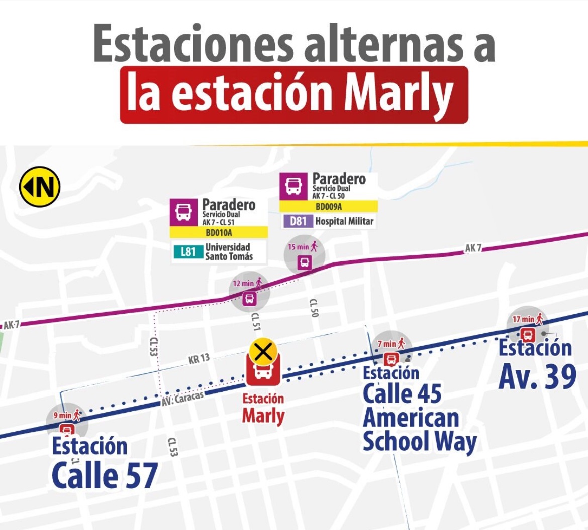 📢A partir del 25 de mayo, la estación Marly estará cerrada por obras del @MetroBogota. Para acercarte o salir de este sector cuentas con estas opciones: 📍Estación Calle 57 📍Estación Calle 45 American School Way 📍Estación Av.39 📍Paradero L81 📍Paradero D81