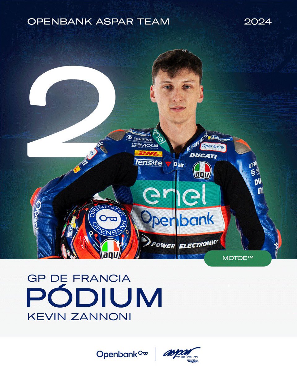 Enhorabuena a nuestro piloto del #OpenbankAsparTeam @Kevin_Zannoni por su segunda posición en la primera carrera del Circuito de Le Mans en el Mundial de MotoE™️🎉💪 #FrenchGP