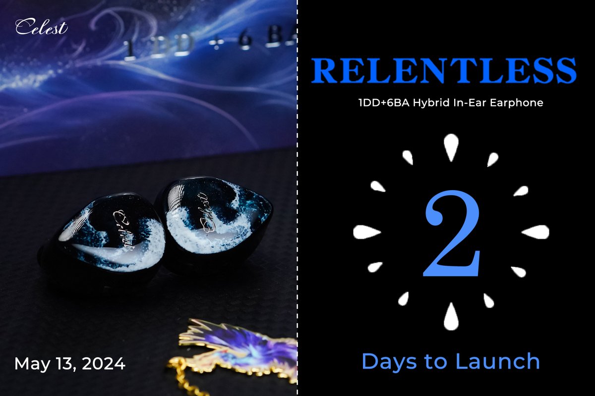 @kinera13 @celestaudio まであと2日！待ち時間ももうすぐ終わります。 Relentlessのクラシックな1DD+6BAドライバーハイブリッド構成をご紹介します。 魅力的なサウンドとエキサイティングなルックスに興奮していますか？ #Kinera #Celest #Relentless📷 #IEMs #HiFi