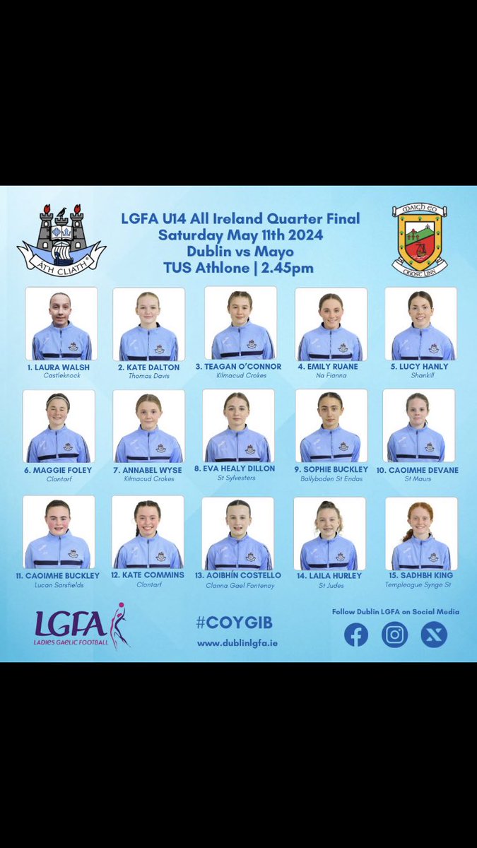 SMhuire's tweet photo. Everyone in Scoil Mhuire wishes past pupils, Caoimhe Buckley and Abby Shiels the best of luck as they line out against Mayo and Meath respectively this weekend. @LucanLGF_PRO @lucansarspro @dublinladiesg https://t.co/4N4c3lduQQ