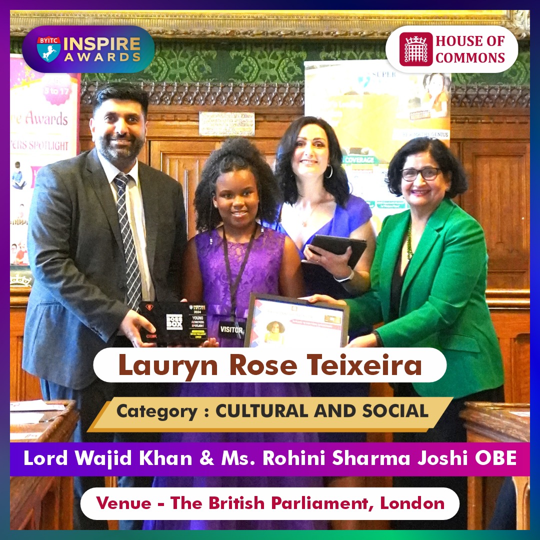 Congratulations to Lauryn Rose Teixeira who has bagged the title of EMERGING WRITER, Category- CULTURAL AND SOCIAL in the BYITC Inspire Awards 2024 held at British Parliament London.

Check out: byitc.org/game-based-aba…

#BYITC
#SuperMaths
#GDK
#GDKBossBox
#InspireAwards