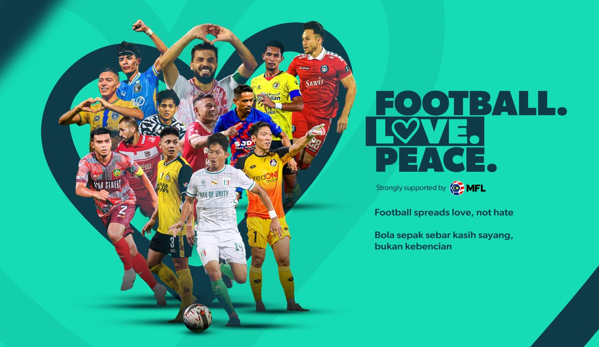 FOOTBALL • LOVE • PEACE

Bola sepak menyatupadukan kita semua. Tiada ruang untuk kebencian dalam bola sepak.

Ayuh kita ketepikan perbalahan dan sama-sama menyokong pasukan kita dan Liga Malaysia!

#FootballLovePeace #LigaMalaysia #DemiLigaKita