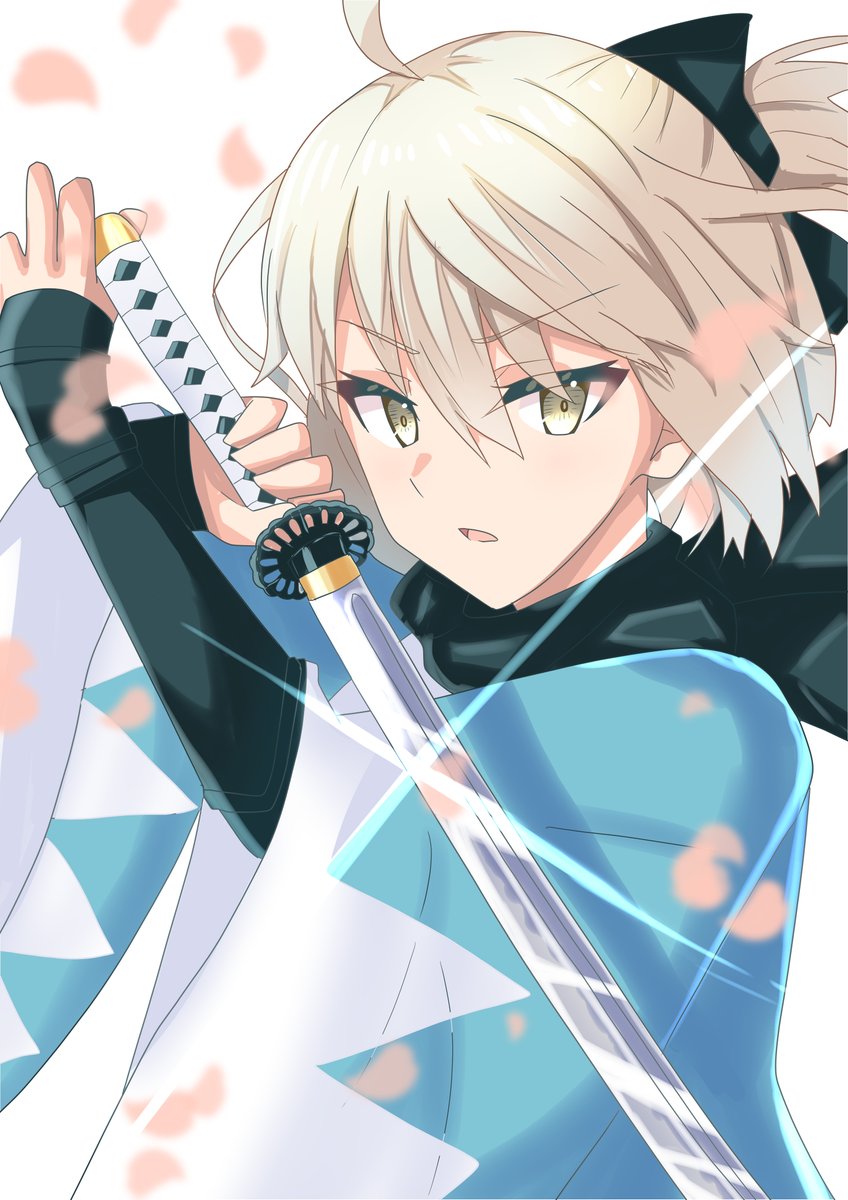 okita souji (fate) ,okita souji (koha-ace) 1girl solo looking at viewer open mouth short hair blonde hair long sleeves  illustration images