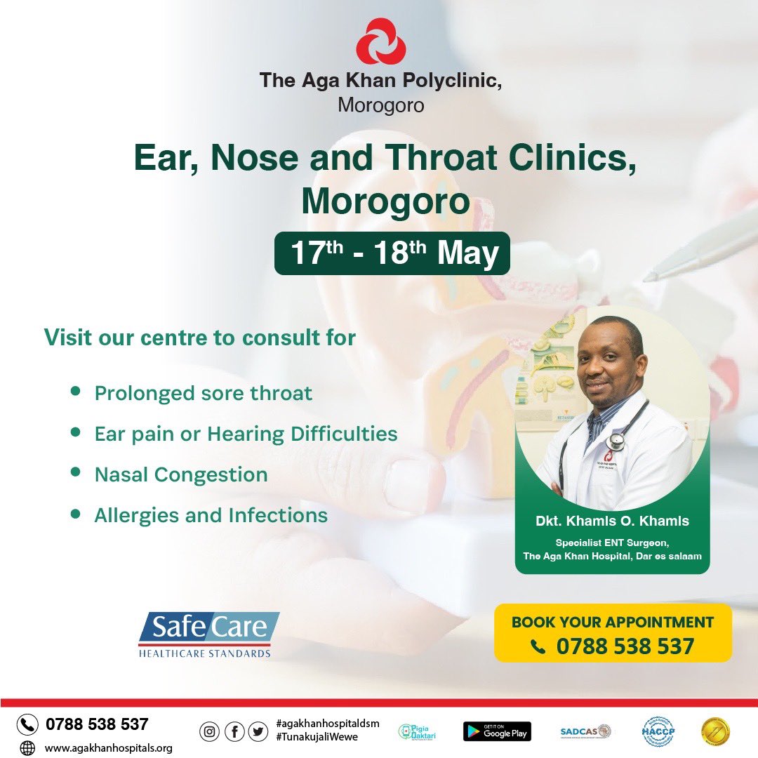 Dr. Naomi Sanga, Gynecologist and Dr. Khamis Khamis, Specialist ENT Surgeon are coming to The Aga Khan Polyclinic, Morogoro from May 17-18, 2024. Book an appointment with them now via 0788 538 537. #agakhanhospitaldsm #morogoro #gynaecology #obstetrics #ent #surgery #entdoctor