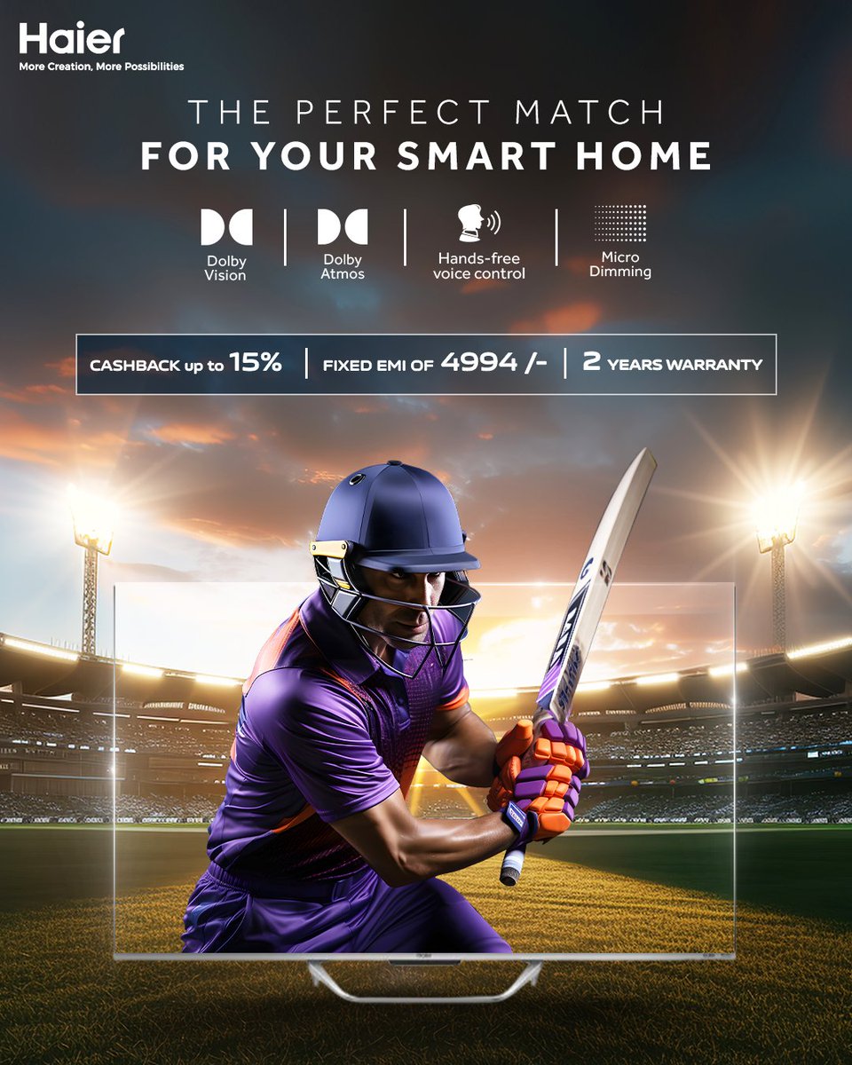 Step into the heart of the action with Haier QLED Google TV. This innovative TV brings out the vibrant colors of a cricket stadium into life.

#Haier #MoreCreationMorePossibilities #DolbyVision #QLED