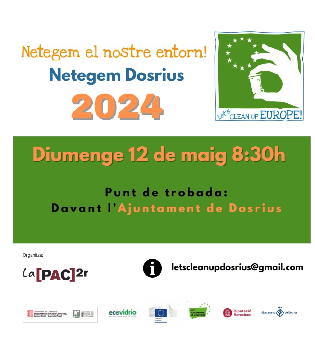 Demà diumenge, 12 de maig, netegem #Dosrius 🌿 📍Punt de trobada: davant l'Ajuntament  🕑 A les 8.30 h  📩 letscleanupdosrius@gmail.com