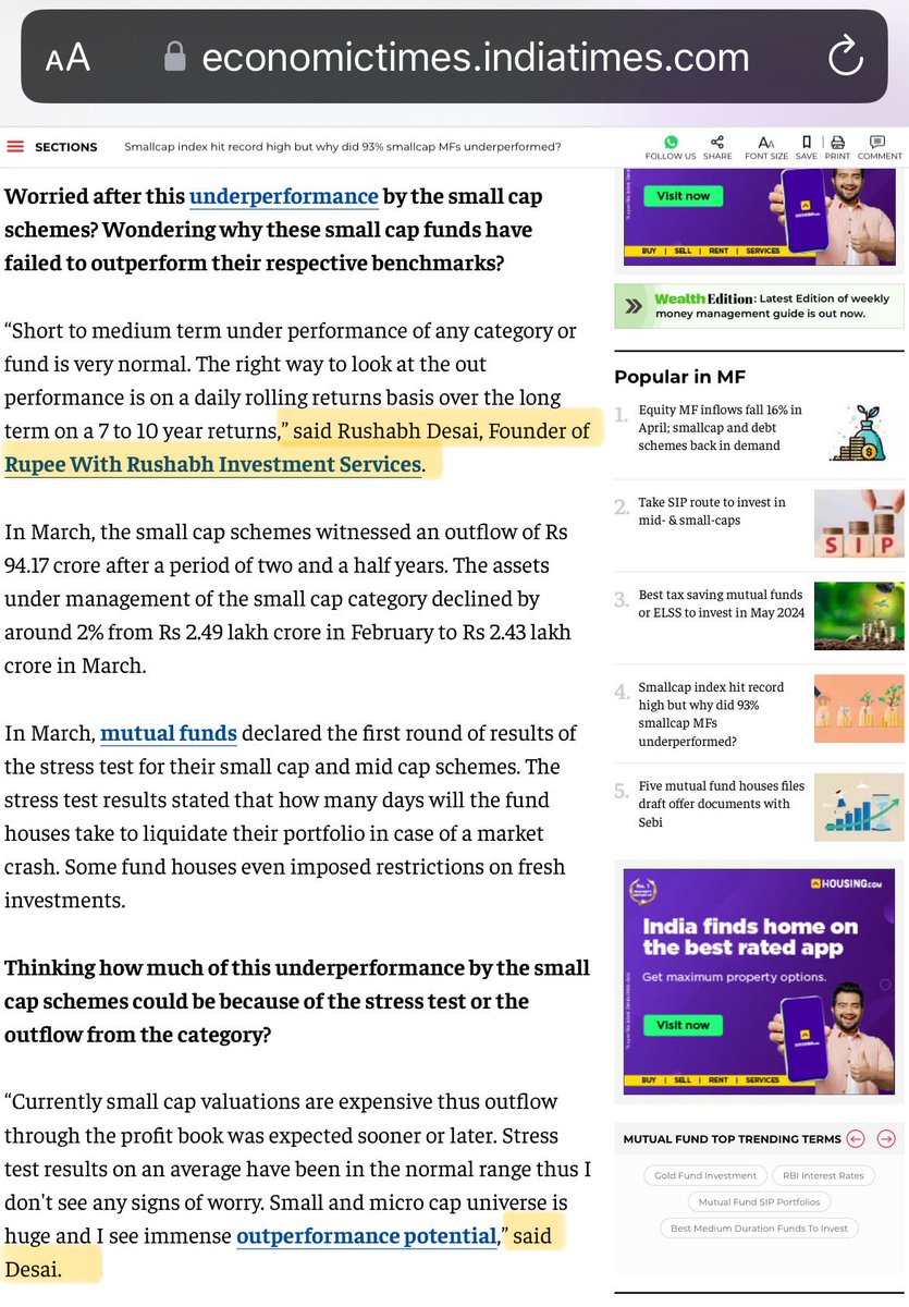 Contributed my views in @EconomicTimes, @ETMutualFunds Smallcap index hit record high but why did 93% smallcap MFs underperformed? Link - economictimes.indiatimes.com/mf/analysis/sm…