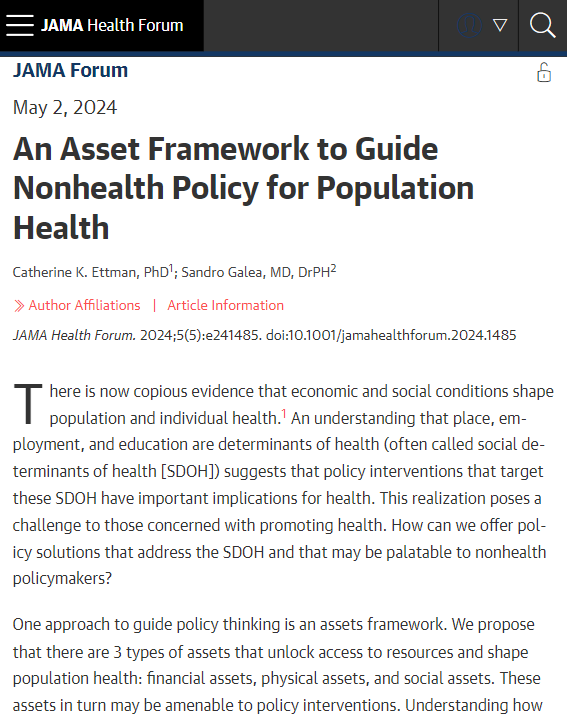 Most viewed in the last 7 days from @JAMAHealthForum: This JAMA Forum discusses 3 types of assets (financial, physical, and social) that unlock access to resources and shape population health. ja.ma/3UvJKbk