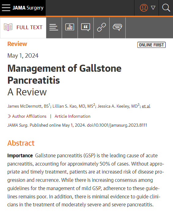 JAMA Surgery (@jamasurgery) on Twitter photo Most viewed in the last 7 days from <a href="/JAMASurgery/">JAMA Surgery</a>:
This narrative review summarizes the current evidence on and recommendations for management of gallstone pancreatitis.
ja.ma/44ErIZ8 Most viewed in the last 7 days from <a href="/JAMASurgery/">JAMA Surgery</a>:
This narrative review summarizes the current evidence on and recommendations for management of gallstone pancreatitis.
ja.ma/44ErIZ8