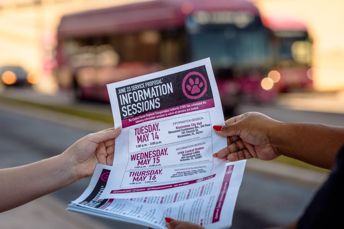 Have questions about the service proposal for June? Join us next week for a series of information sessions at: 1️⃣ Kissimmee City Hall - May 14, 1-2p 2️⃣ LYNX Central Station Terminal Lobby - May 15, 1-2p 3️⃣ Altamonte City Hall - May 16, 1-2p Learn more at golynx.com/servicechange