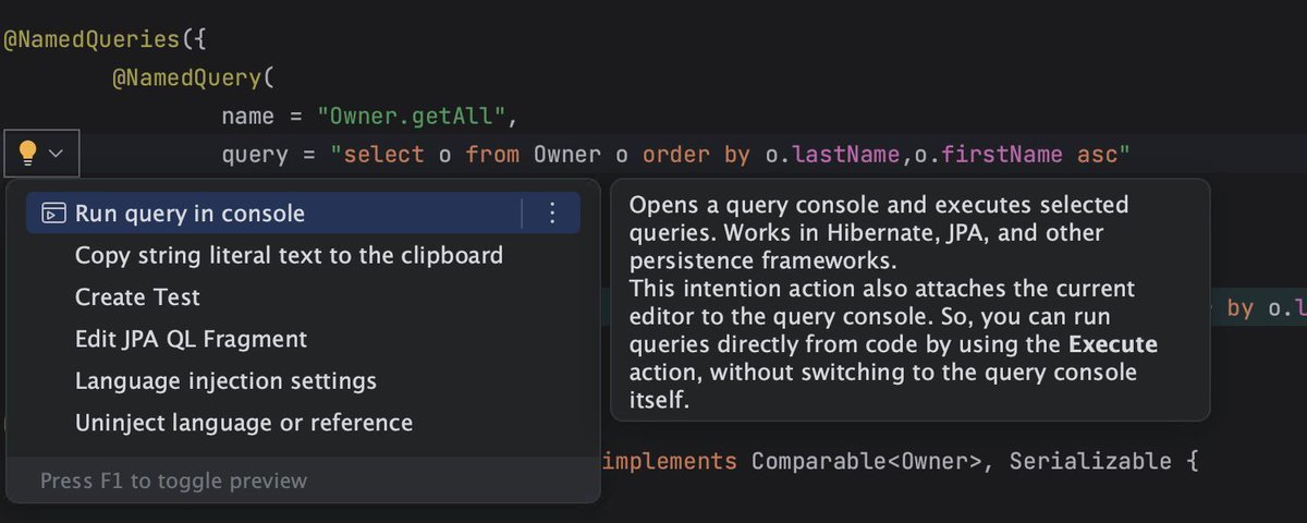 🤔 Did you know that #IntelliJIDEA has out-of-the-box framework-specific coding assistance, which supports the most commonly used persistence frameworks, such as JDBC, Hibernate, R2DBC? 😲

🪄 Check out other #JakartaEE-related features: jb.gg/jakarta-ee
#IntelliJIDEATips