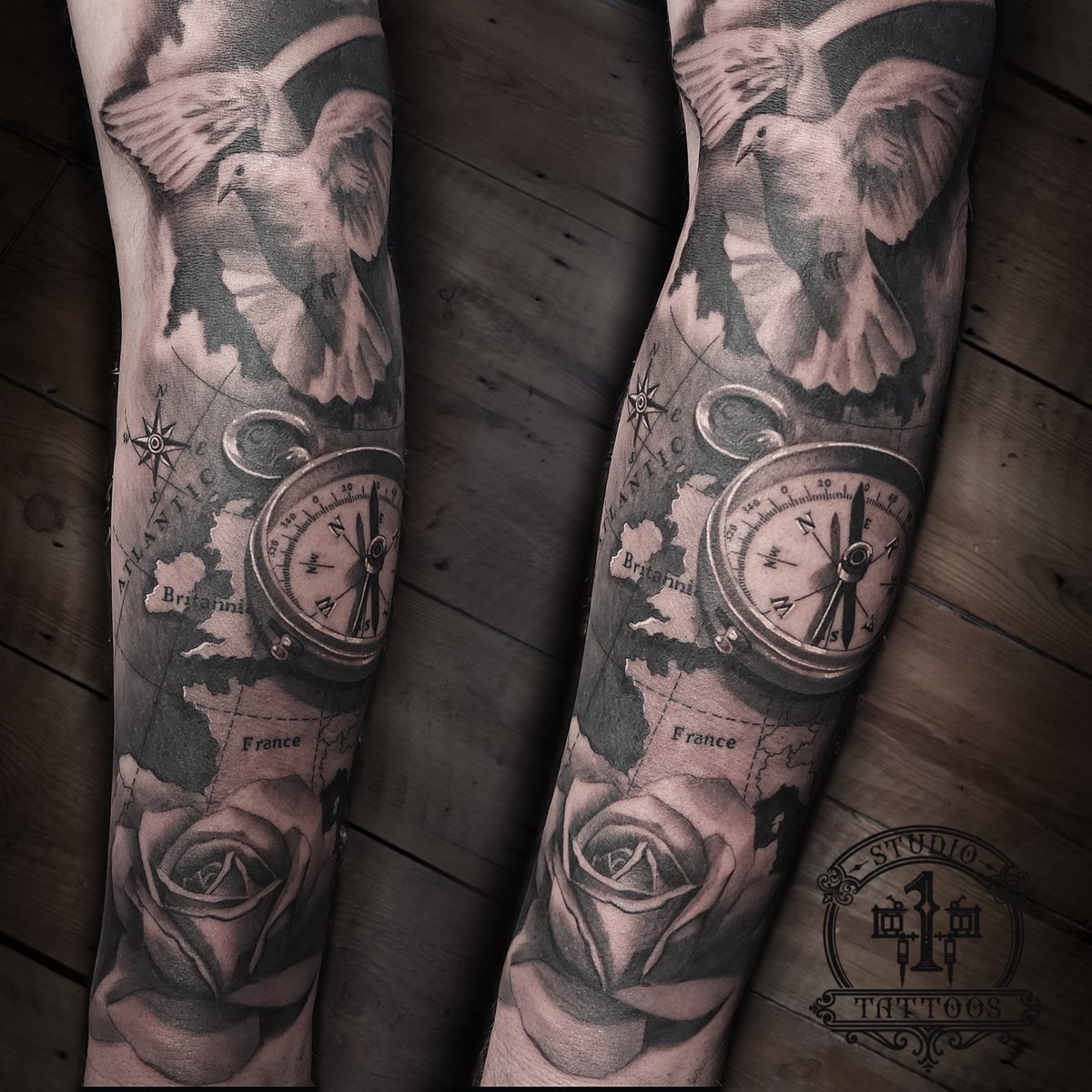 🕊🧭 Dove / Compass 🧭🕊 By @startattooist #rt #Tattoo #Tattoos #Tattooist  #TattooArtist #dove #compass #bird #inked #family #sleeve #map #picoftheday  #tattoooftheday #tattoodesign #tattooideas #Studio1TattooShop #Kent  #LondonTattooArtist #London ..., image size:1200x1200