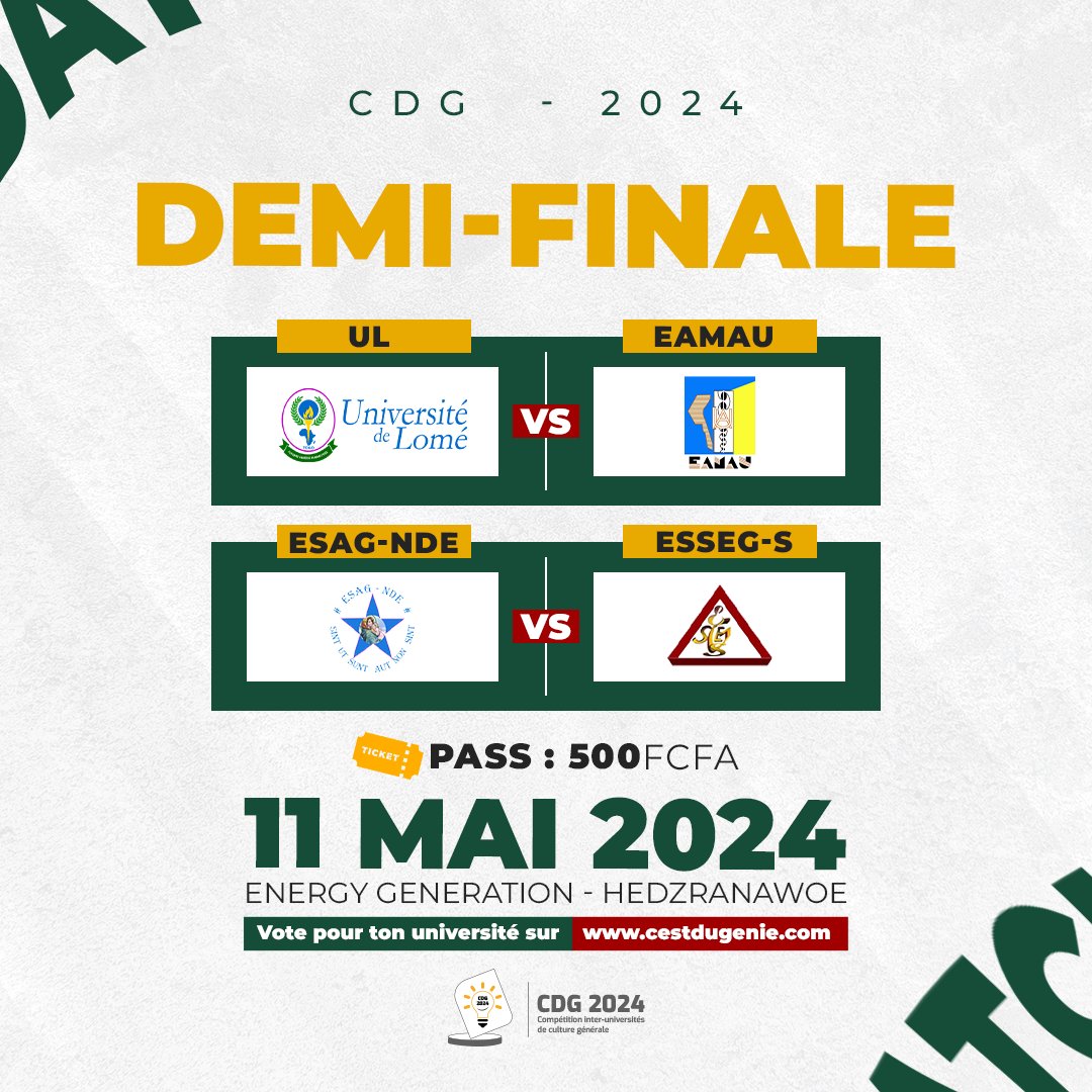C_Du_Genie's tweet photo. 🔥 JOUR DE DEMI-FINALES 🔥

🖲️ UL 🆚 EAMAU 

🖲️  ESAG NDE 🆚 ESSEG S

🏟️ ENERGY GENERATION 

🕒 1️⃣4️⃣H3️⃣0️⃣

📲 Live Facebook

Pronostics sur le https://t.co/QcX8zDxhyU / Coût : 100 FCFA. 

#CduGenie #CDG #CultureGenerale #PourLeTogo https://t.co/O3lnCpyyms