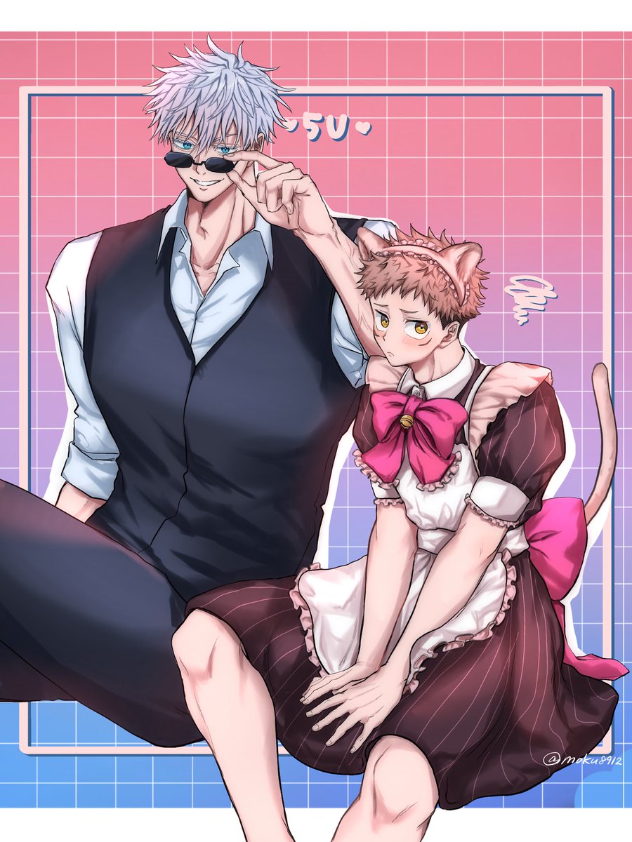 gojou satoru ,itadori yuuji looking at viewer blush smile short hair blue eyes shirt dress  illustration images