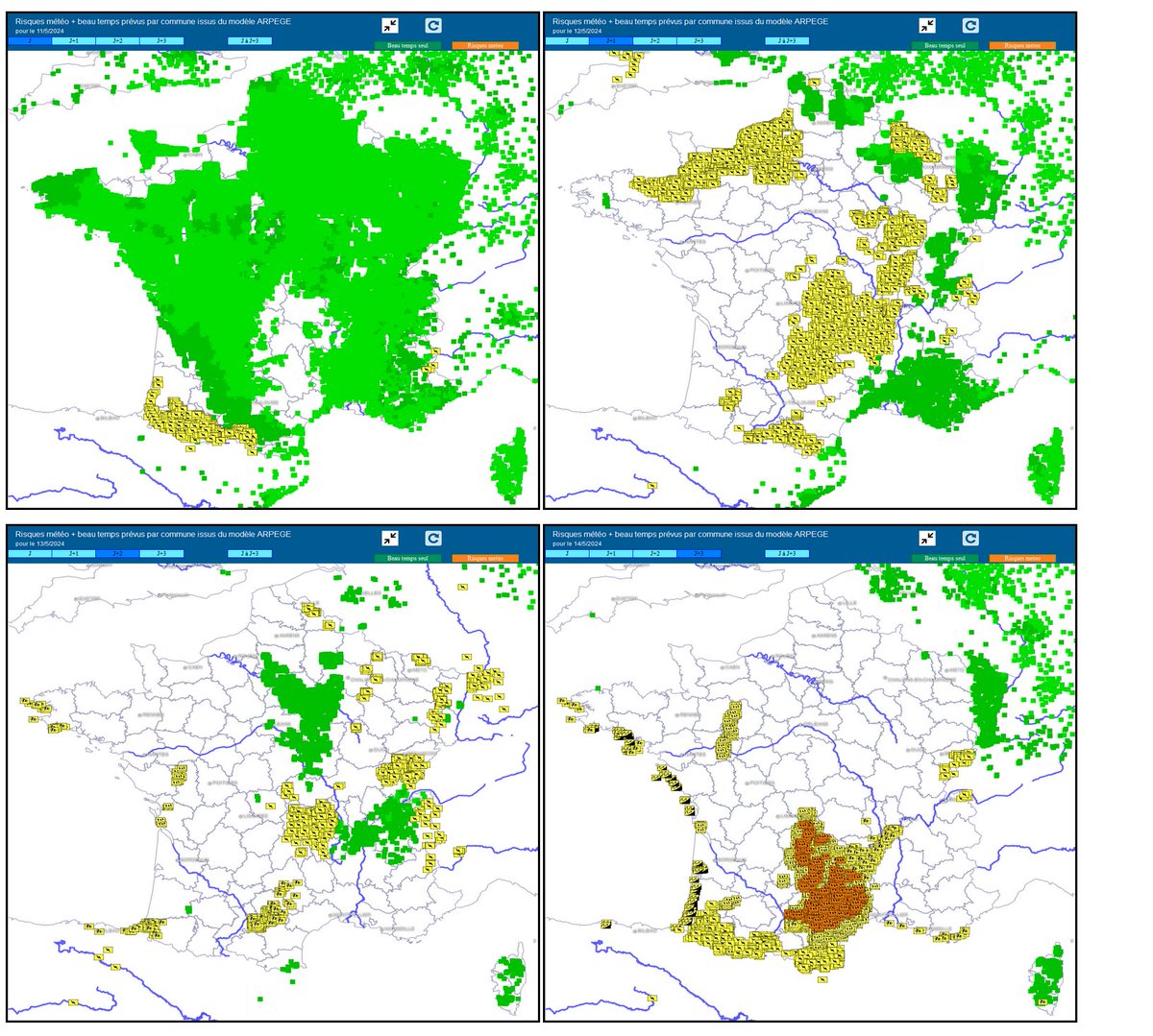 Prévisions risques  &  beau temps (vert) #meteolab, par commune par le modèle ARPEGE de samedi à mardi.
meteolab.fr/modele/carte_m…