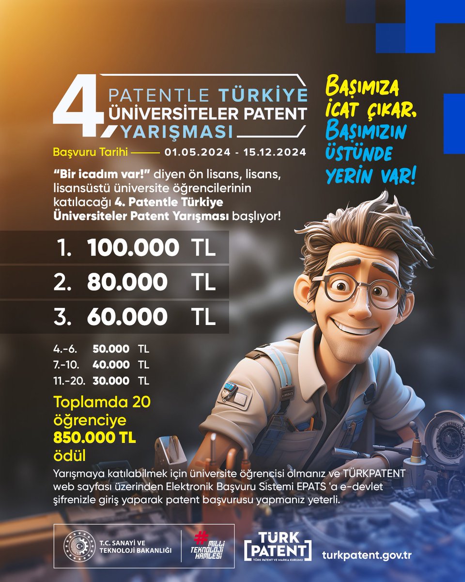 📢 Patentle Türkiye - 4. Üniversiteler Patent Yarışması “Bir buluşum var!” diyen, ön lisans, lisans ve lisansüstü öğrencilerimizi 'Patentle Türkiye - 4. Üniversiteler Patent Yarışması'na katılmaya davet ediyoruz.👩🏼‍💻🧑🏽‍🔬🚀 Son Başvuru Tarihi 👉🏽 15 Aralık 2024 Ödüller: 🥇