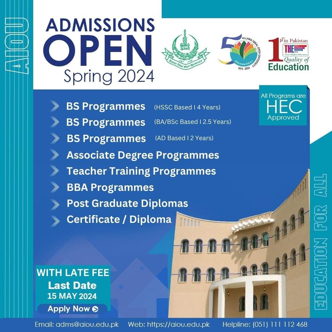 𝑨𝒑𝒑𝒍𝒚 𝒏𝒐𝒘:
fmbp.aiou.edu.pk/application/in…
𝑷𝒓𝒐𝒔𝒑𝒆𝒄𝒕𝒖𝒔:   
aiou.edu.pk/prospectus
#LearningExperience #aiou #admissions2024 #spring24 #spring2024 #aiounews #aioustudents #educationatDoorstep #educationforall #education #learning #hec #DistanceLearning