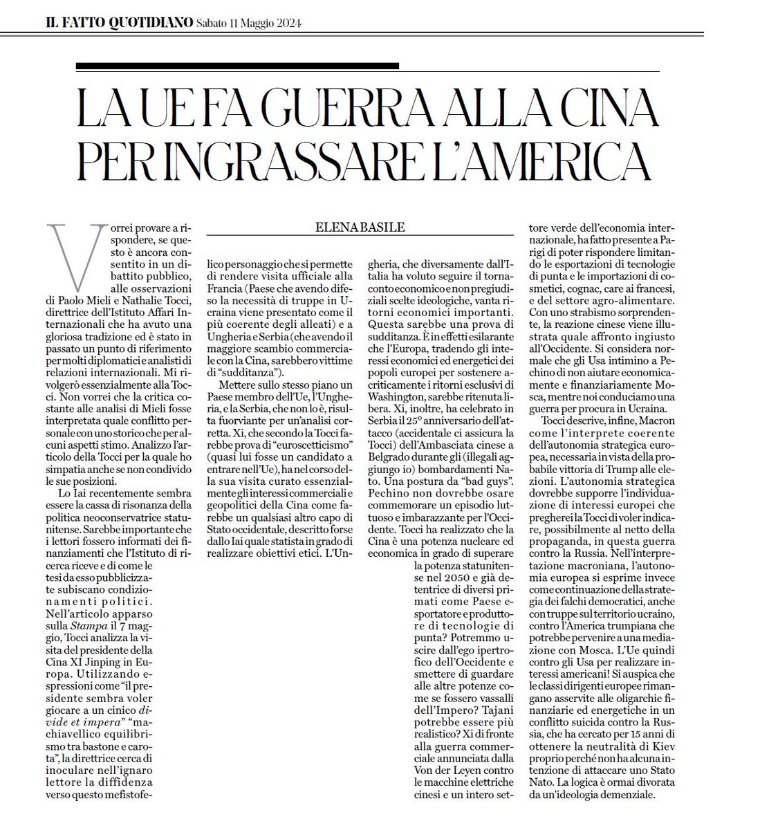 Articolo odierno censurata dalla rassegna stampa del Ministero Eppure si parla di politica estera e di #Tajani Articolo in cui mi rivolgo a Tocci direttrice dell #IstitutoAffariInternazionali e alla sua analisi relativa alla visita di #XiJinping in Europa Lo #IAI cassa di…