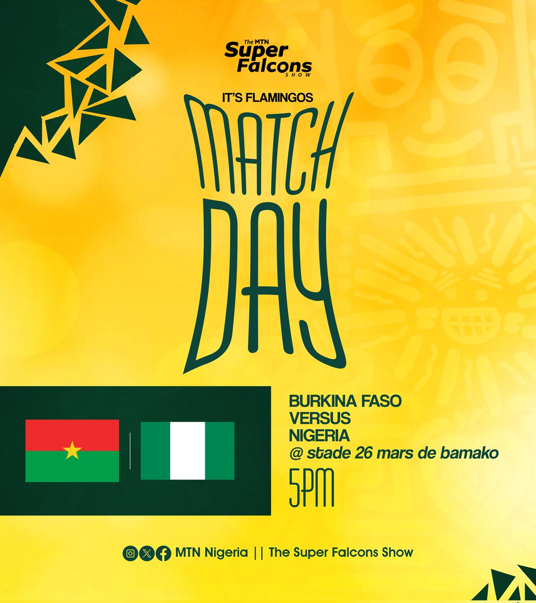 💚 𝗠𝗔𝗧𝗖𝗛𝗗𝗔𝗬 💚

🎯FIFAU-17WWCQ
⚽️ 🇧🇫🇳🇬Burkina Faso Vs Nigeria 
📆 Today, 11 May 2024
🏟 Stade 26 Mars De Bamako
🕗 5PM

🇧🇫🇳🇬⚪💚

#TheMTNSuperFalconsShow #ThisIsNaija #WhereFootballLives #FIFAU17WWCQ