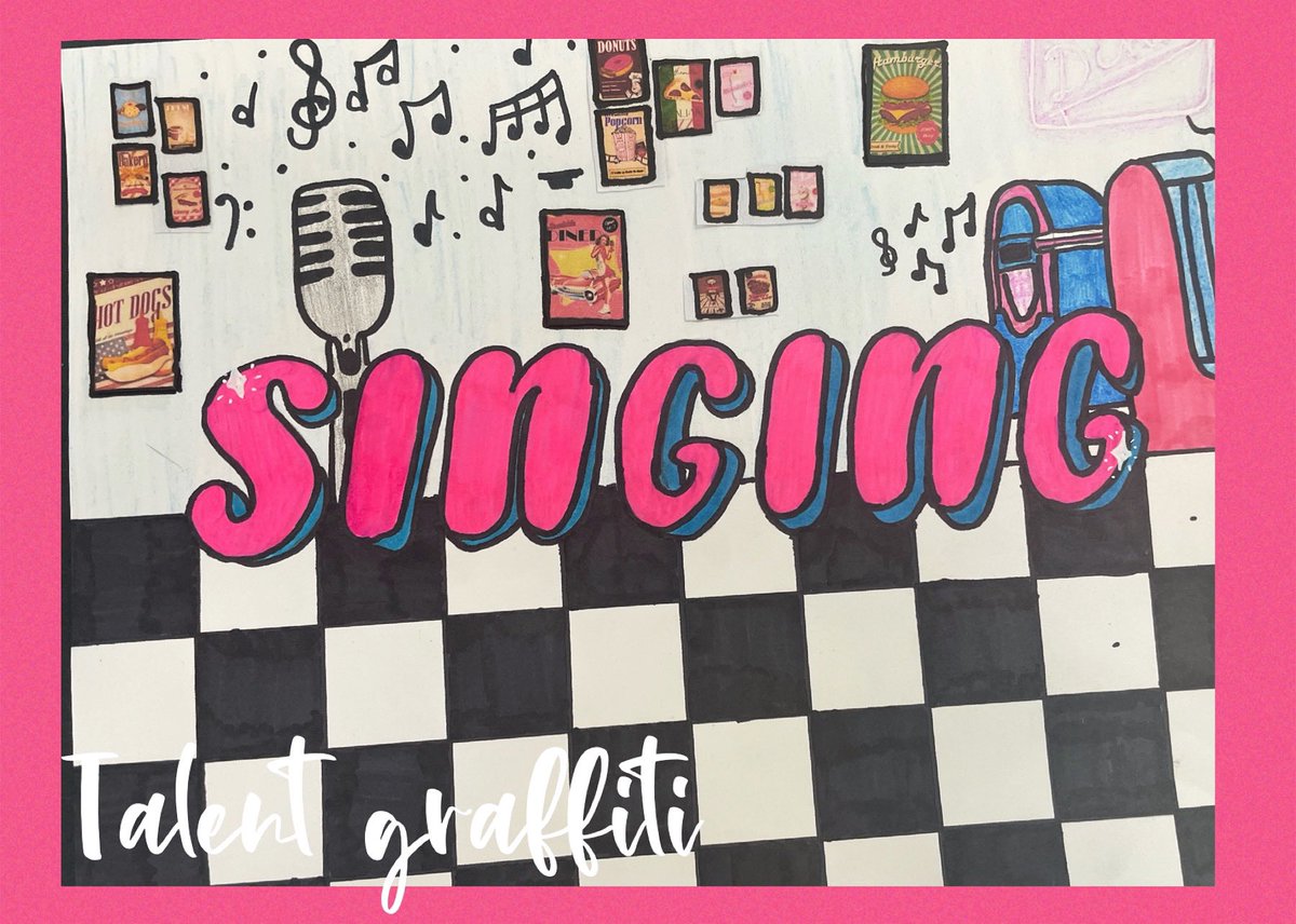 mrsivanacameron's tweet photo. Bravo Selena on the first graffiti talents art piece related to our Parable of the Talents study! Diner theme look wonderful and fun! #parableofthetalents #useyourgifts🎨 #scriptureconnection #religionart #grade10 #connectiontoself #proudteacher❤️  @assumptionlion https://t.co/UEYda22TEZ