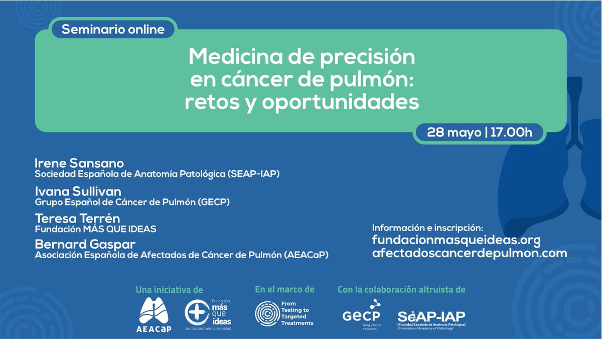 📣 Seminario online 'Medicina de precisión en #cáncerdepulmón: retos y oportunidades' 🗣️ Participan: 👉Irene Sansano (@seap_iap) 👉Ivana Sullivan (@gecp_org) 👉Teresa Terrén (@FundacionMQI) 👉Bernard Gaspar (@AEACaP) 🗓️ 28/05 🕕 17h ℹ️ Inscripciones 👉 bit.ly/AEACaP-Medicin…