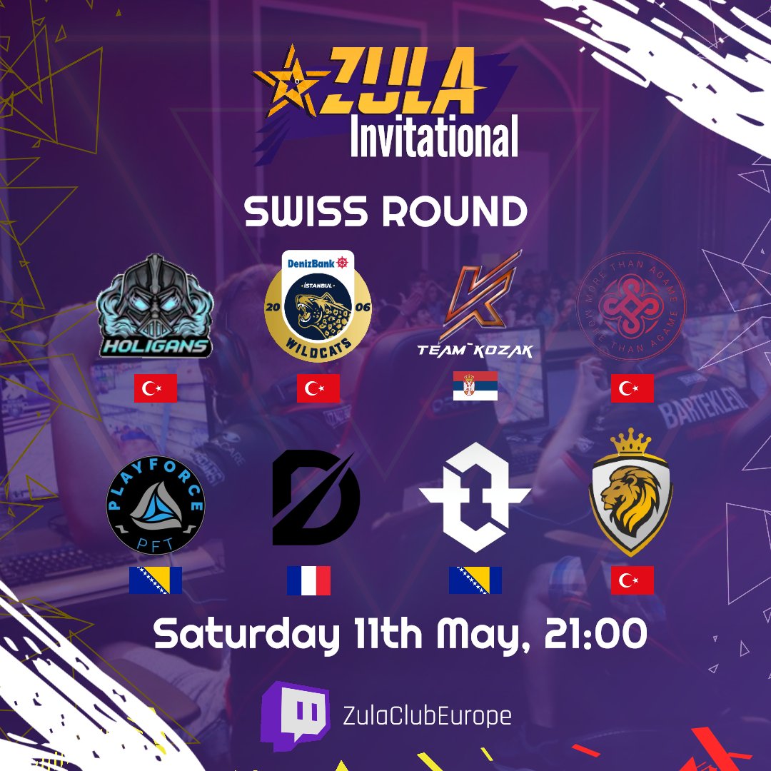 ZULA INVITATIONAL IS SO BACK!!!! 🤩
Let's welcome the teams 🥊
- 🇫🇷 @digityesport
- 🇹🇷 <a href="/IWcats/">DenizBank İstanbul Wildcats</a> 
- 🇧🇦 <a href="/PlayForceTM/">PlayForce Team</a> 
- 🇧🇦 #TeamFORZE
- 🇹🇷 #Holigans
- 🇹🇷 #MoreThanAgame
- 🇷🇸 #TeamKOZAK
- 🇹🇷 #BABALARINBABASI

Starting tonight at 21:00 CEST on twitch.tv/zulaclubeurope 🏆