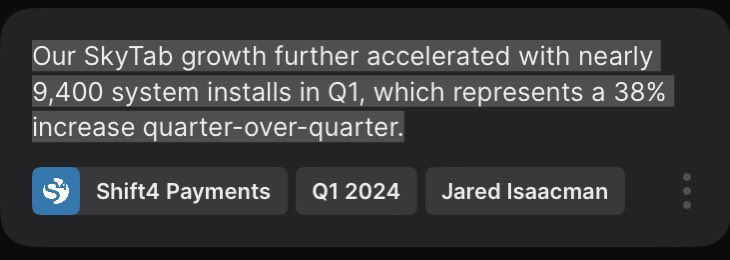 So far Shift4 $FOUR is ahead of its plan on SkyTab: “Our SkyTab growth accelerated with nearly 9,400 system installs in Q1.” The company earlier said it plans to install 30,000 terminals in 2024.
