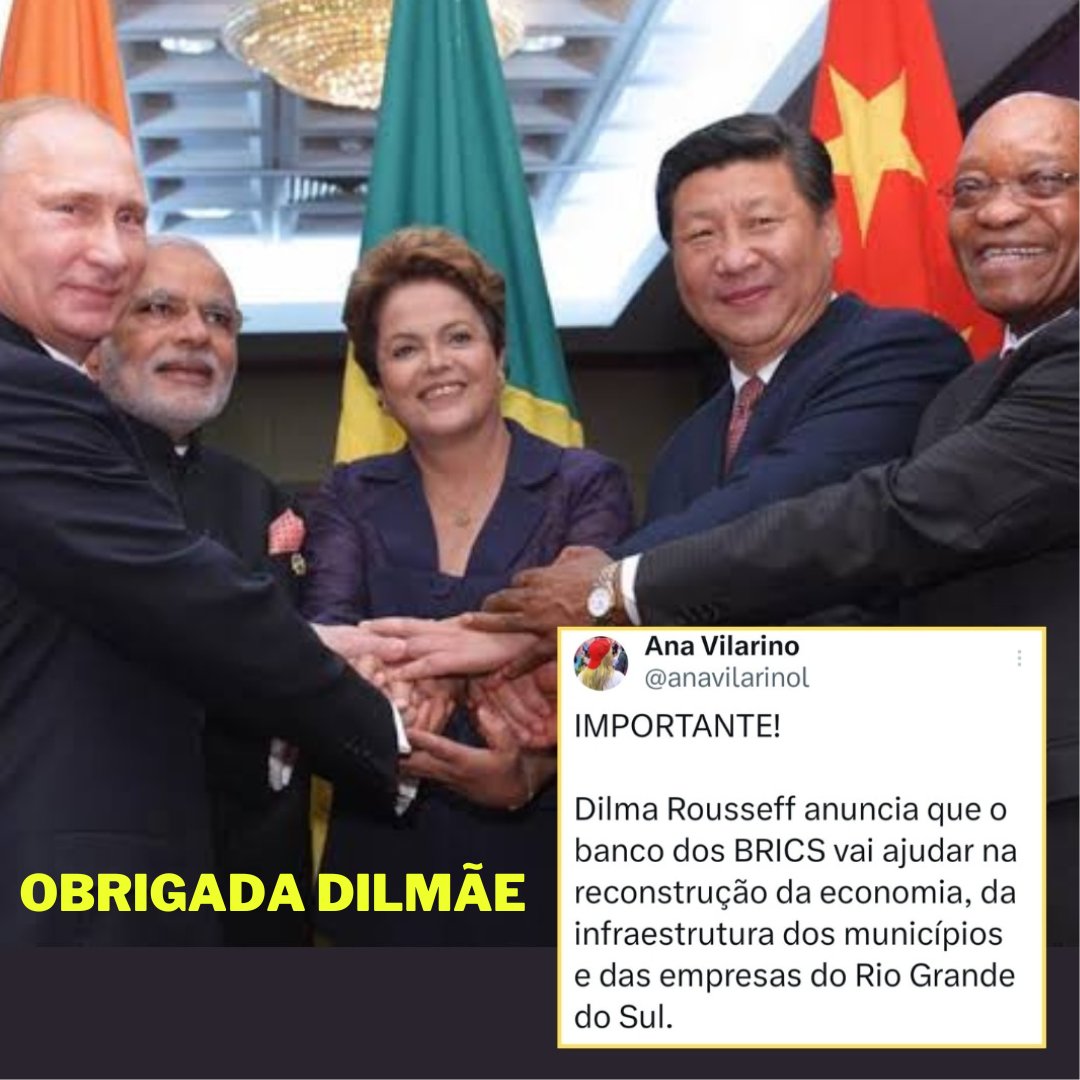 Dilma Rousseff anuncioi q o Banco dos BRICS vai ajudar na reconstrução da economia, da infraestrutura dos municípios, e para as Empresas do Rio Grande do Sul. 😏😏♥️🥰Olha o comunismo ajudando o RS..🤣