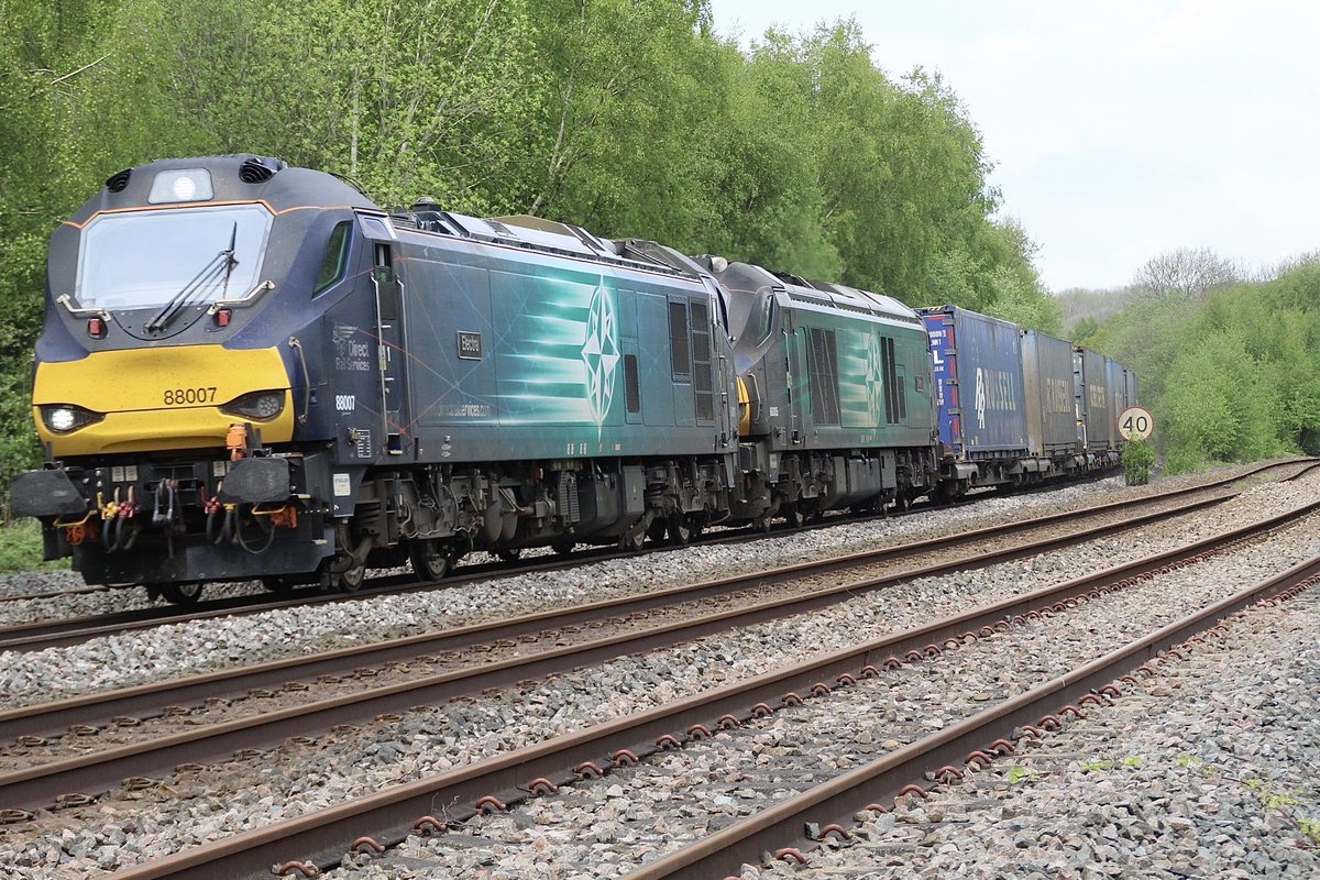 DRS double header divert. Class 88 No. 88007 & class 68 No. 68005 pass Pye Bridge with 4Z27 Coatbridge to Daventry. 6th May 2024.