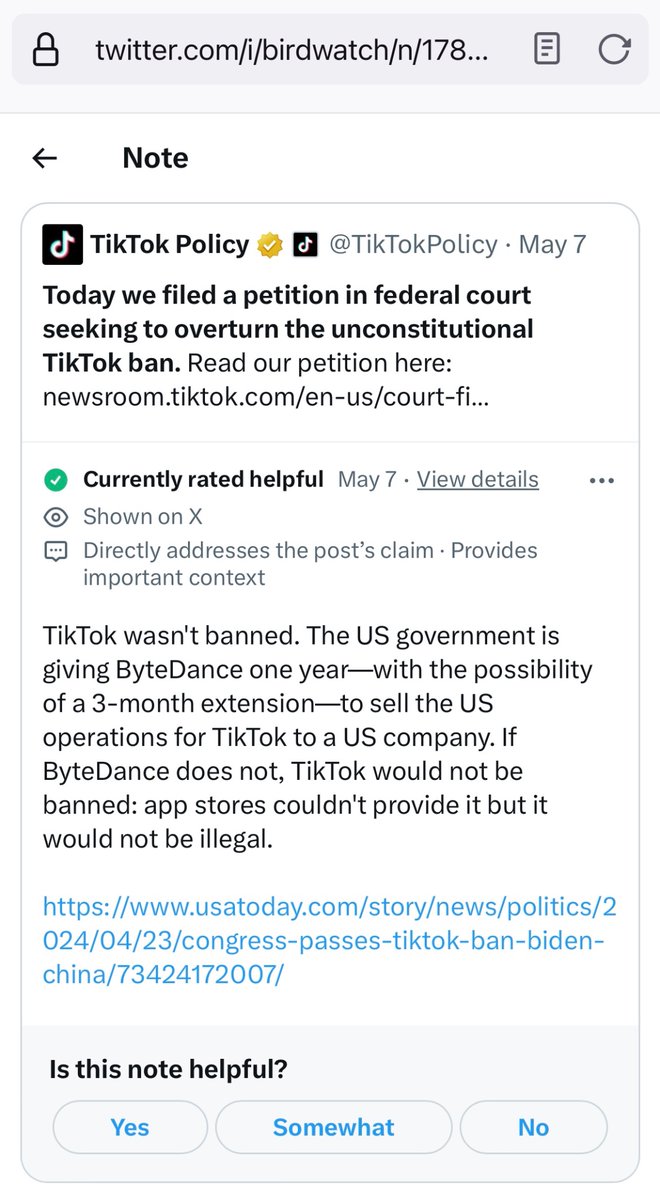 Birdwatch was supposed to help readers contextualize misinformation. Now it’s rebutting a litigation position? TikTok will functionally be illegal in the United States. Just read the statute. And what’s being challenged as unconstitutional is the ban.