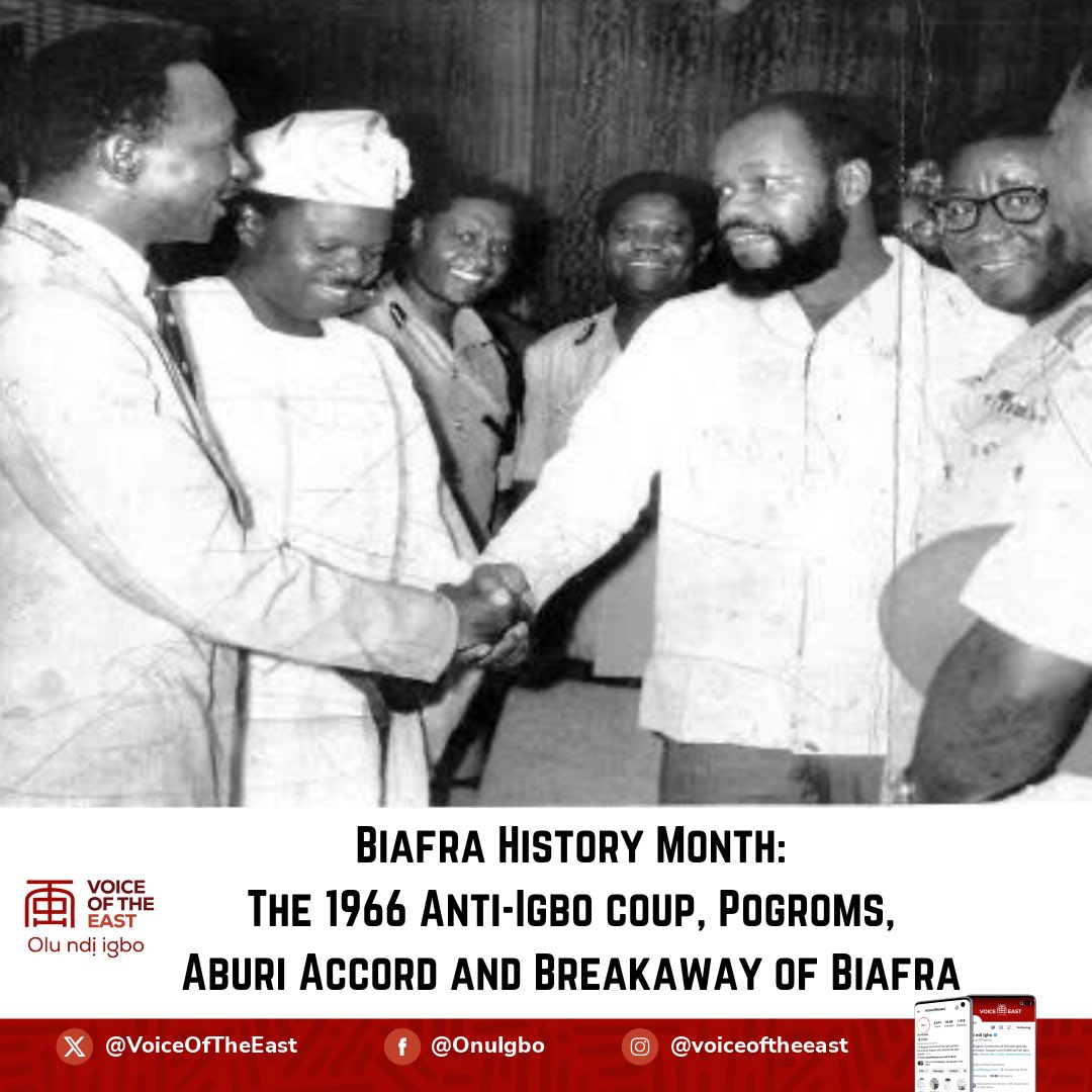 Biafra History Month: The 1966 Anti-Igbo coup, Pogroms, Aburi Accord and Breakaway of Biafra In the 1966 counter-coup, about 240 army officers from the south, 75% of them Igbo, were systematically executed. Yakubu Gowon took over power after the coup which ousted Aguiyi Ironsi…